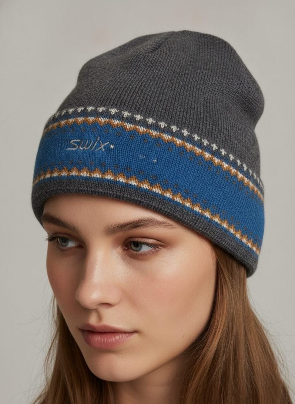 Vintage Swix Ski Hat Fair Isle Beanie — Gray/Blue — One Size